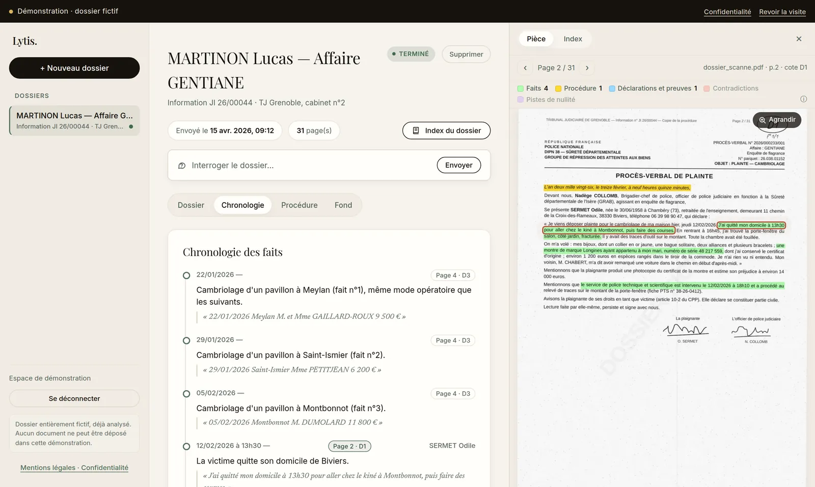 Chronologie des faits sourcée, avec la pièce correspondante ouverte à droite.